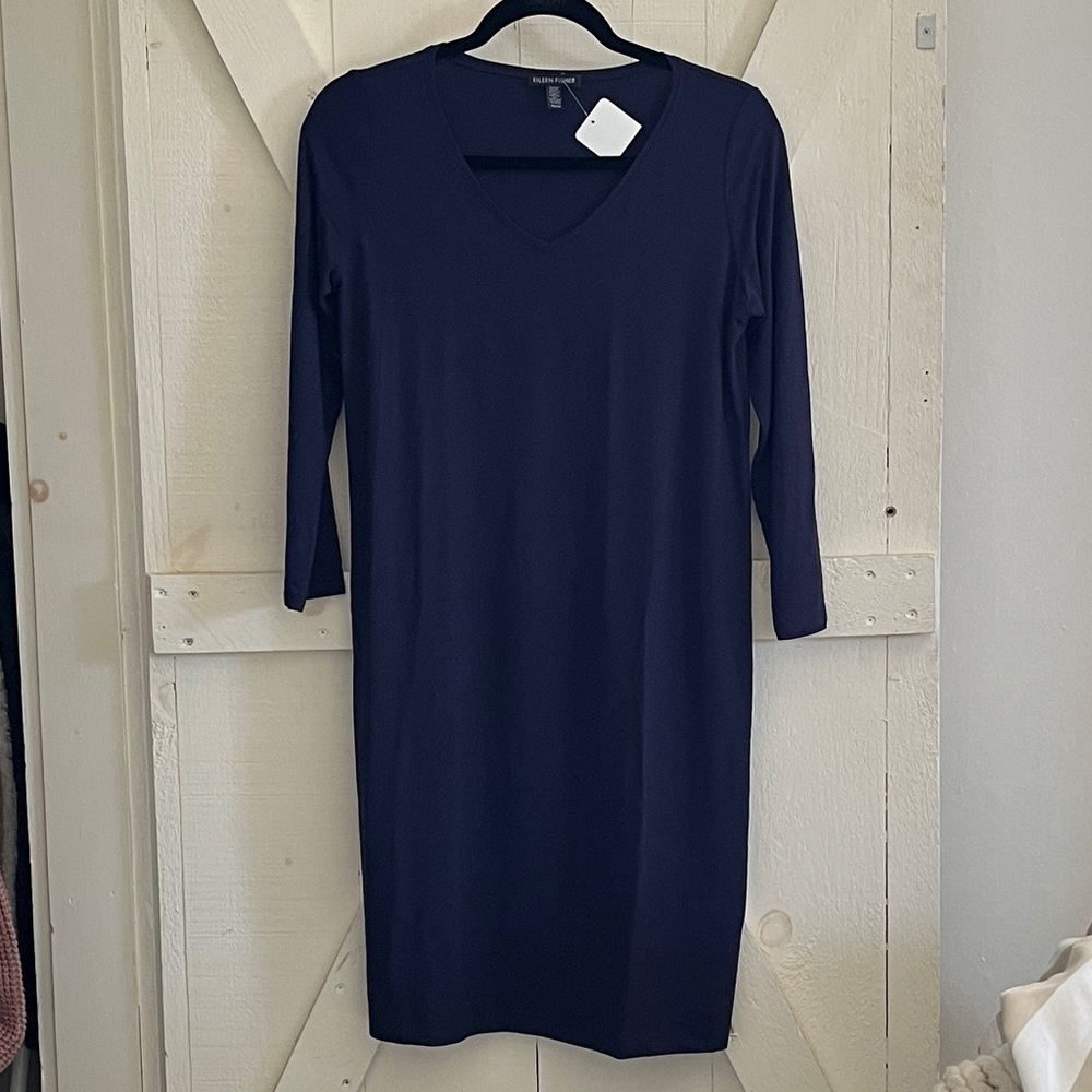 NEW EILEEN FISHER navy dress tunic blue ¾ sleeves XS/S jersey cotton